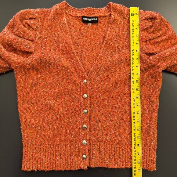 Karl Lagerfeld Paris Confetti Puff Shoulder Wool Button Cardigan V-Neck Sweater - Picture 7 of 10